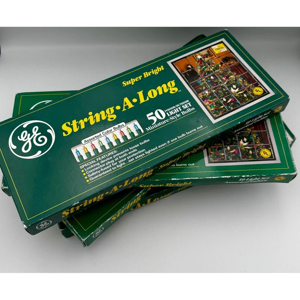 Lot of 4 Vintage GE String-A-Long Christmas Lights 50 Assorted Color NIB